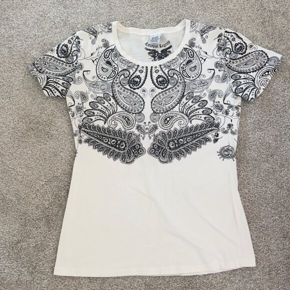 Cowgirl Legend Y2K Grunge Top Paisley Print and Rhinestones Black & White - Picture 4 of 8